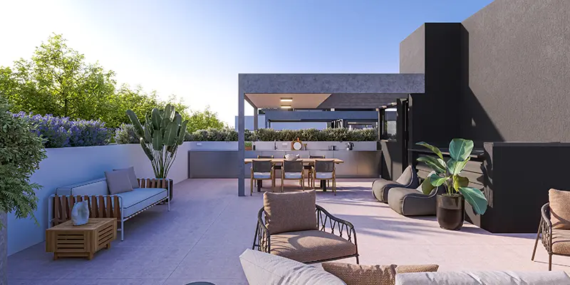 Rooftop com lareira externa, lounge e mesa gourmet